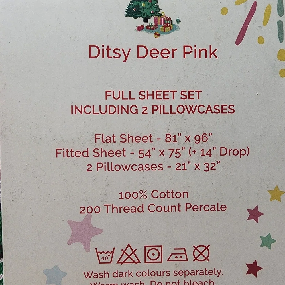 Cath Kidston London FULL Christmas Ditsy Deer Pink Cotton 200 Count Sheet Set